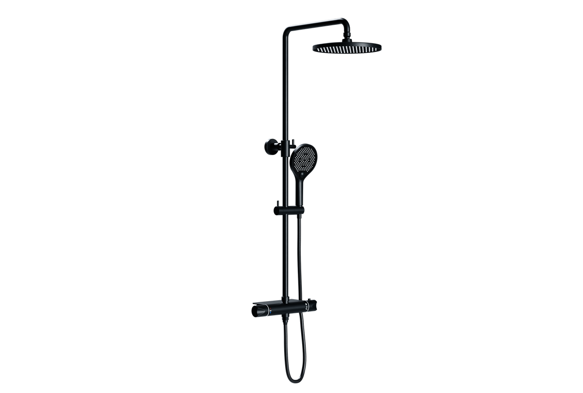 Schwarzes Thermostat-Duschset mit runder Kopfbrause, Handbrause und Duschstange