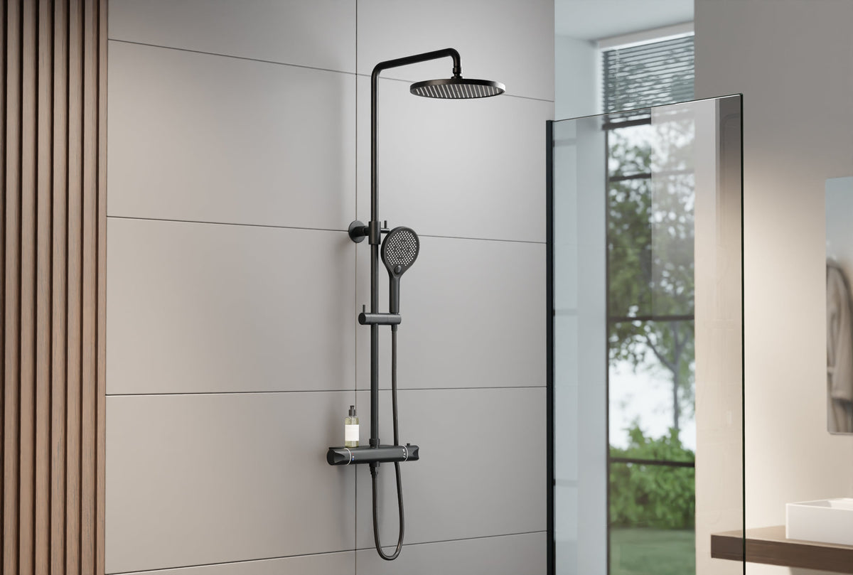Schwarzes Thermostat-Duschset mit runder Kopfbrause – 25,4 cm – Ansicht 2