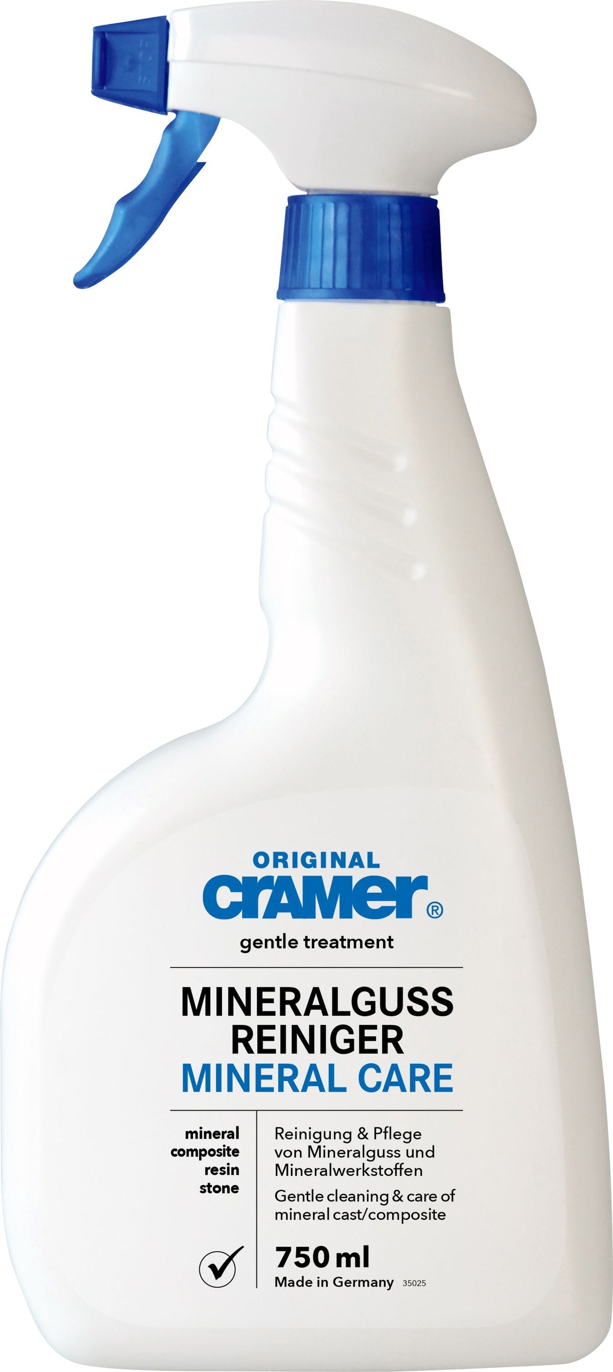 Sprühpflege für Mineralgussoberflächen in weißer Flasche mit blauem Sprühkopf, 750 ml