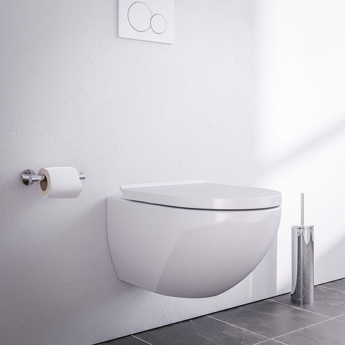 Spülrandloses Wand-WC mit Softclose-Sitz, glänzend weiß, wandhängend und mit abgerundeter Form