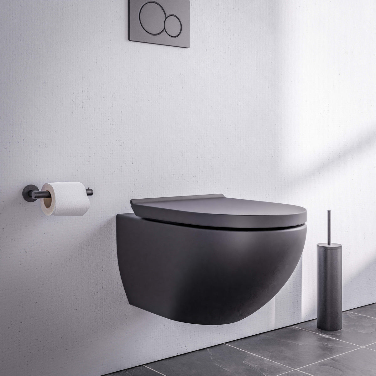 Spülrandloses Wand-WC mit Softclose-Sitz, schwarz matt, wandhängend mit abgerundeter Form