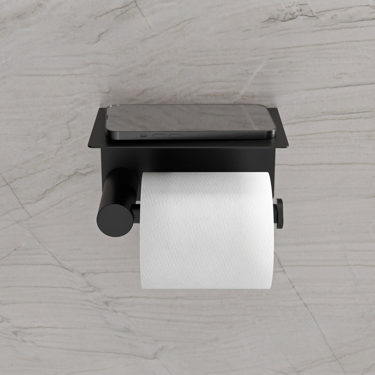 Toilettenpapierhalter mit Ablage in mattem Schwarz, frontal mit Papierrolle