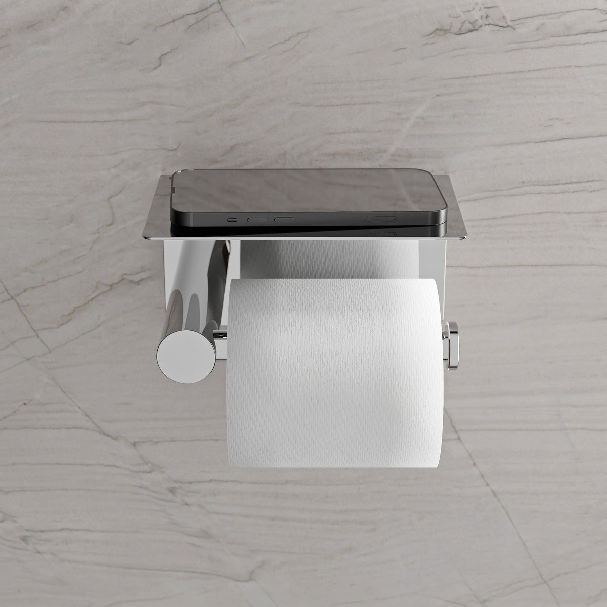 Toilettenpapierhalter mit Ablage in Chrom, frontal mit Papierrolle