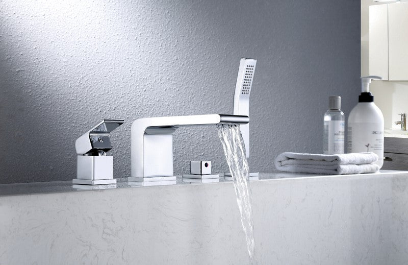 Verchromte Vierloch-Wannenrandarmatur mit Wasserfallauslauf – Ansicht 2