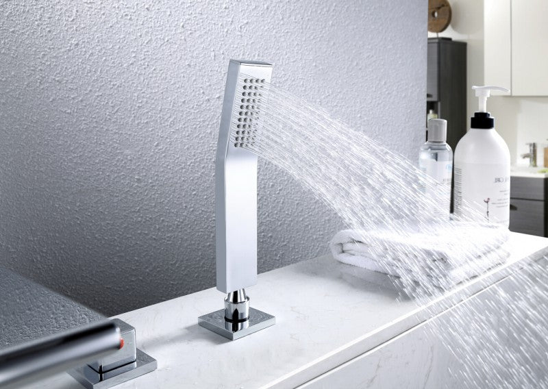 Verchromte Vierloch-Wannenrandarmatur mit Wasserfallauslauf – Galerieansicht 5