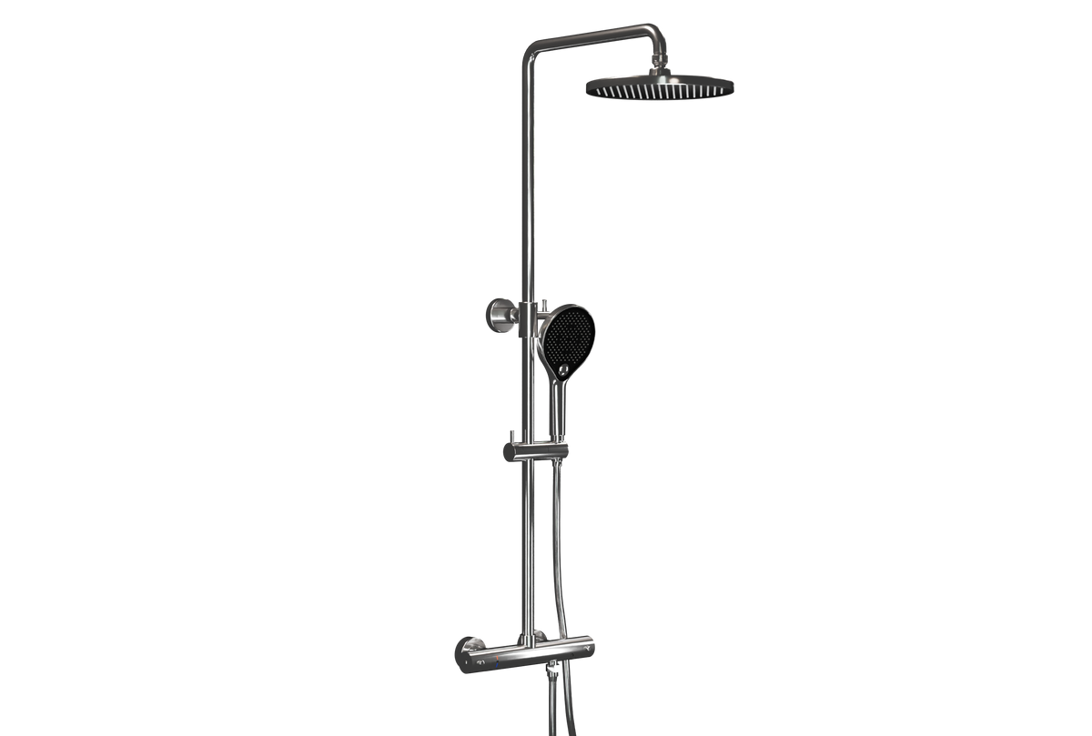 Verchromtes Regenduschset mit Thermostat, runder Kopfbrause und Handbrause