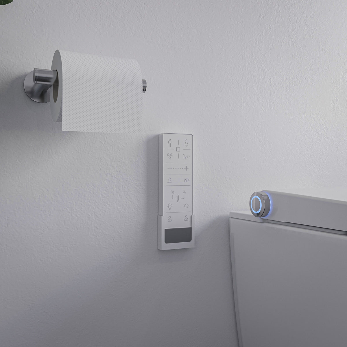 Wand-Dusch-WC mit Drehregler und daneben montierter Fernbedienung