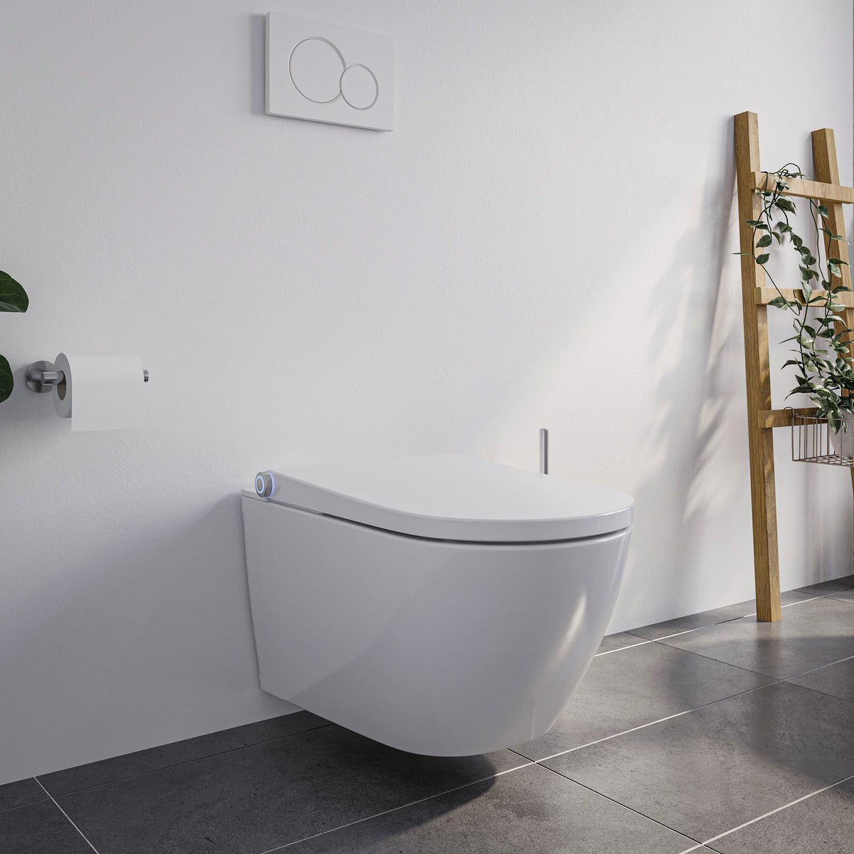 Weißes Wand-Dusch-WC mit geschlossenem Deckel und seitlichem Drehregler