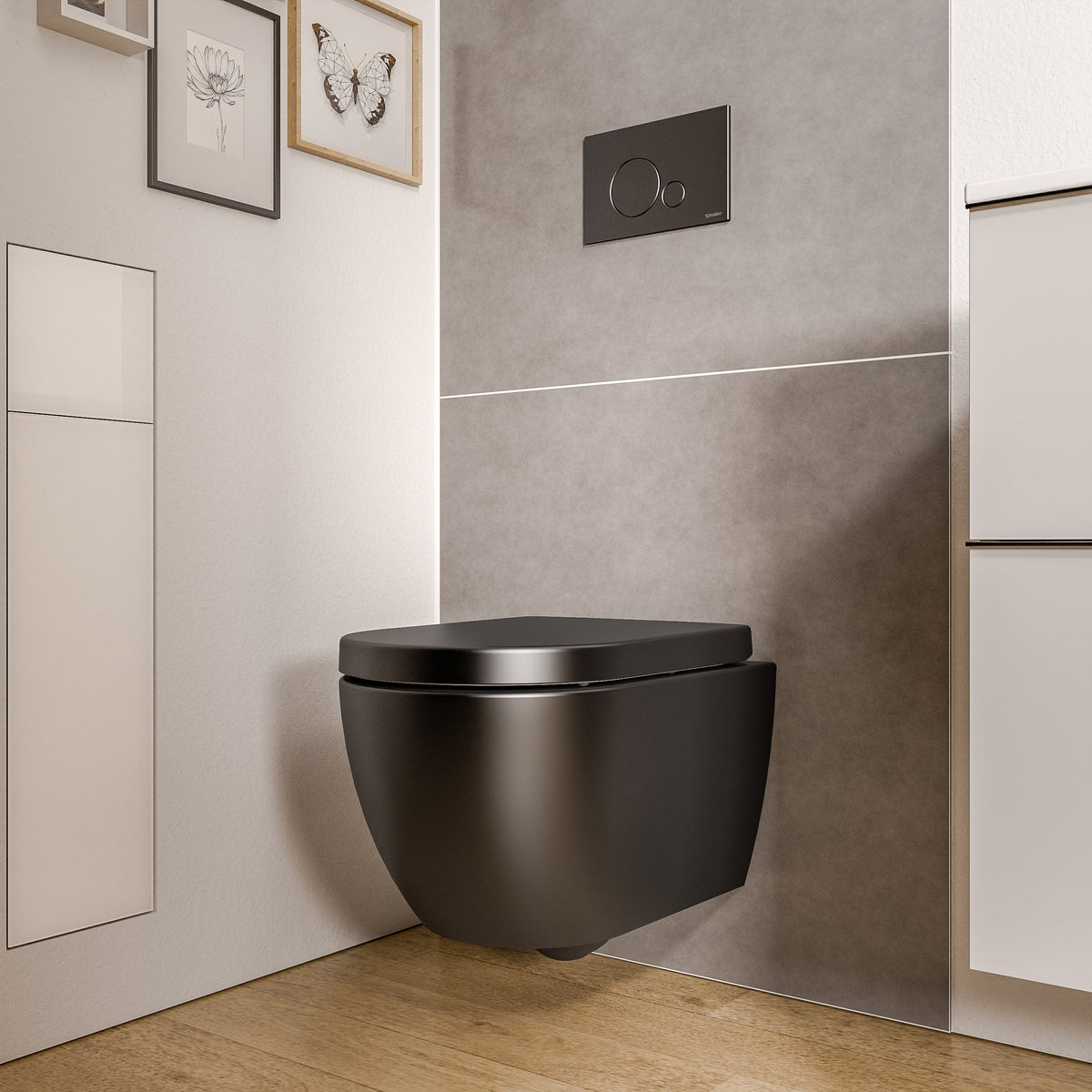 Wand-Tiefspül-WC in mattem Schwarz mit abnehmbarem Softclose-Sitz, wandhängend