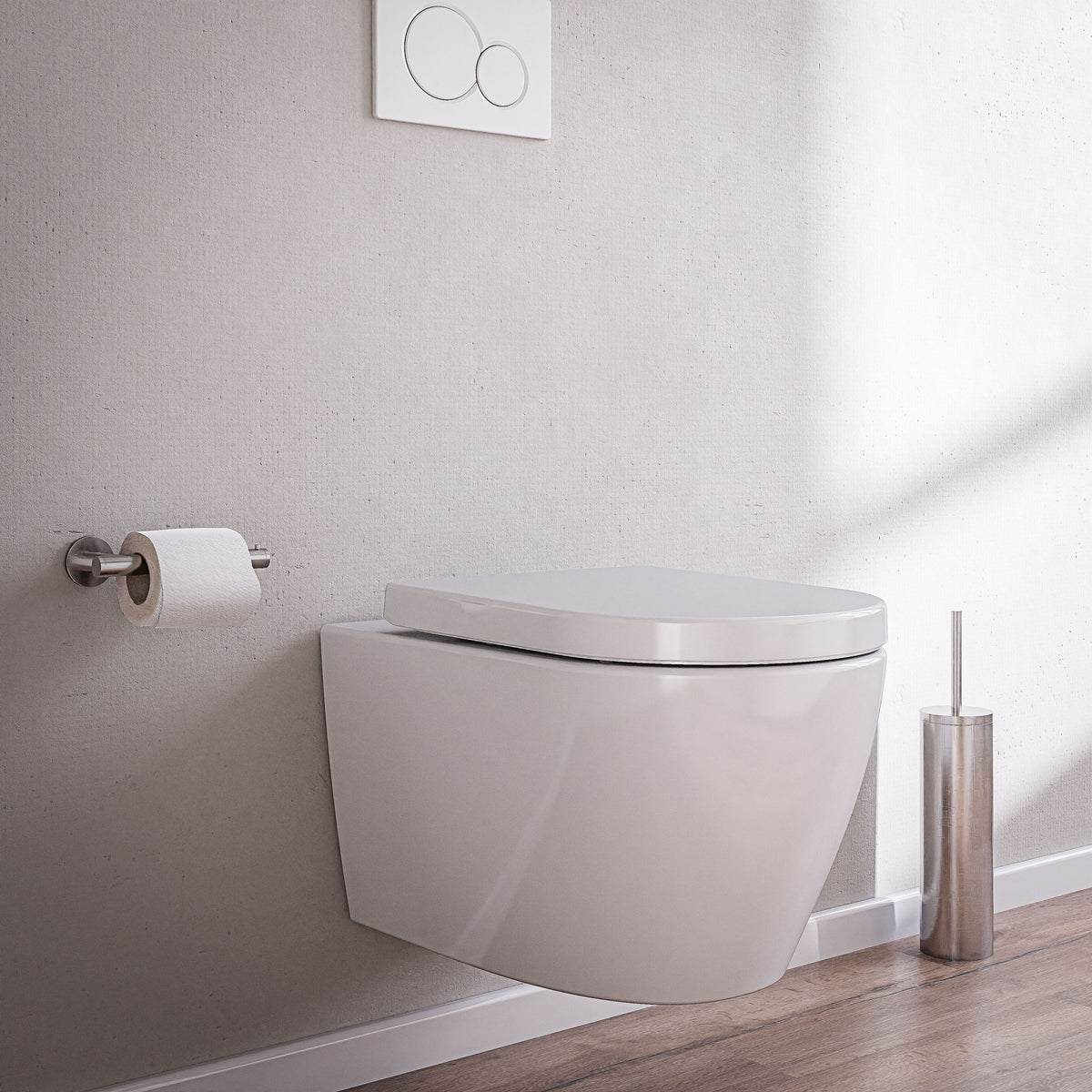 Wand-WC aus weißer Keramik mit geschlossenem Sitz und offenem Spülrand
