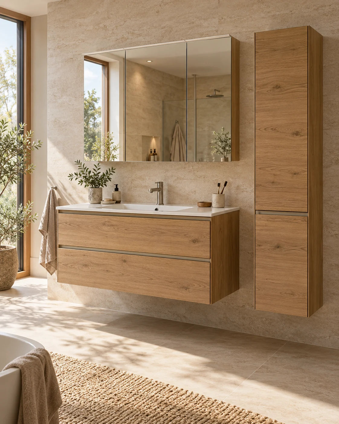 Helles Bad mit Waschtischunterschrank aus Holz, Spiegelschrank und passendem Hochschrank.