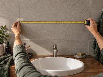 Planungsinspiration: eine Wand über dem Waschtisch wird ausgemessen.