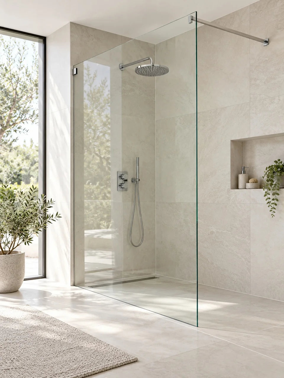 Bodengleiche Walk-in-Dusche mit transparenter Glaswand und Regendusche vor beigen Natursteinfliesen.