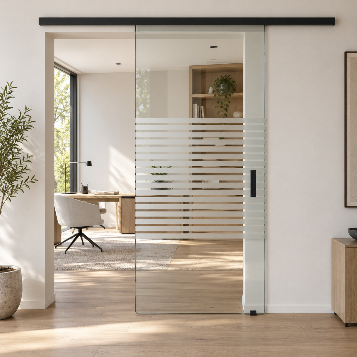 LINEA Glasschiebetür aus Glas mit horizontalem Streifendekor und schwarzer Griffmuschel