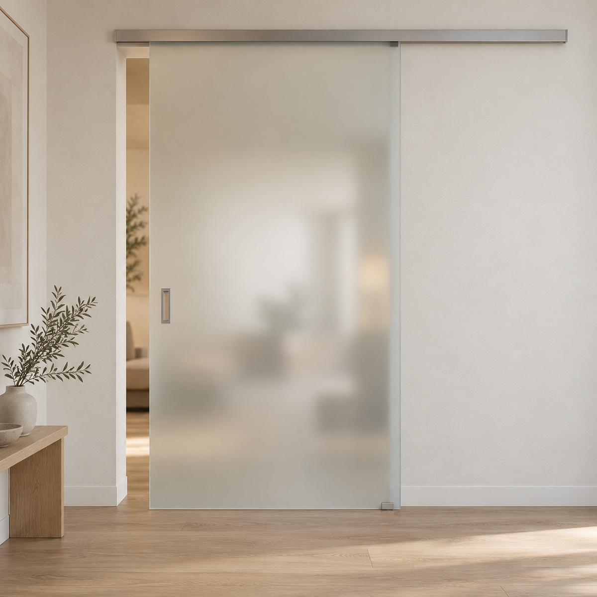Visualisierung der satinierten Glasschiebetür MILA nach Maß mit matter Glasfläche und silberfarbener Laufschiene.