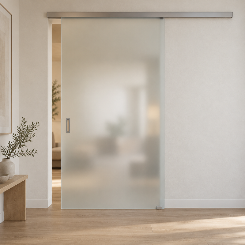 Visualisierung der satinierten Glasschiebetür MILA nach Maß mit matter Glasfläche und silberfarbener Laufschiene.