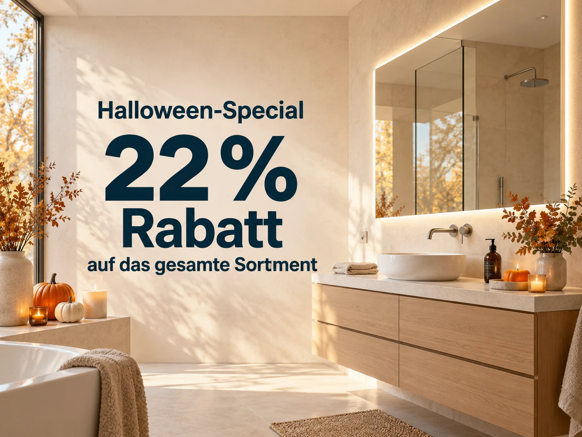 Halloween-Special: 22 % Rabatt auf das gesamte Sortiment. Badezimmer mit LED-Spiegel und Kürbisdekoration.