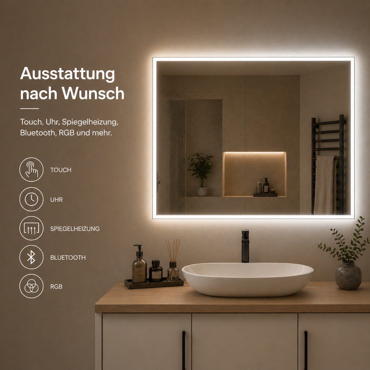LED Badspiegel mit optionaler Ausstattung – Touch-Bedienung, integrierter Uhr, Spiegelheizung, Bluetooth und RGB-Beleuchtung – in modernem Badezimmer mit Waschtisch