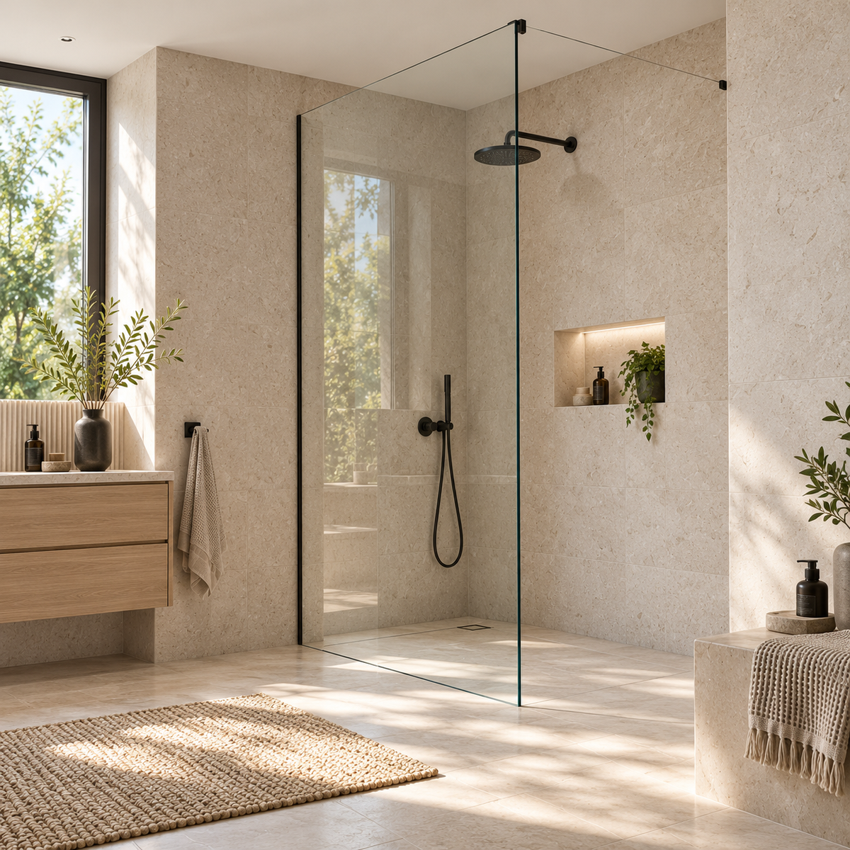 Rahmenlose Duschwand aus transparentem Glas im hellen Badezimmer
