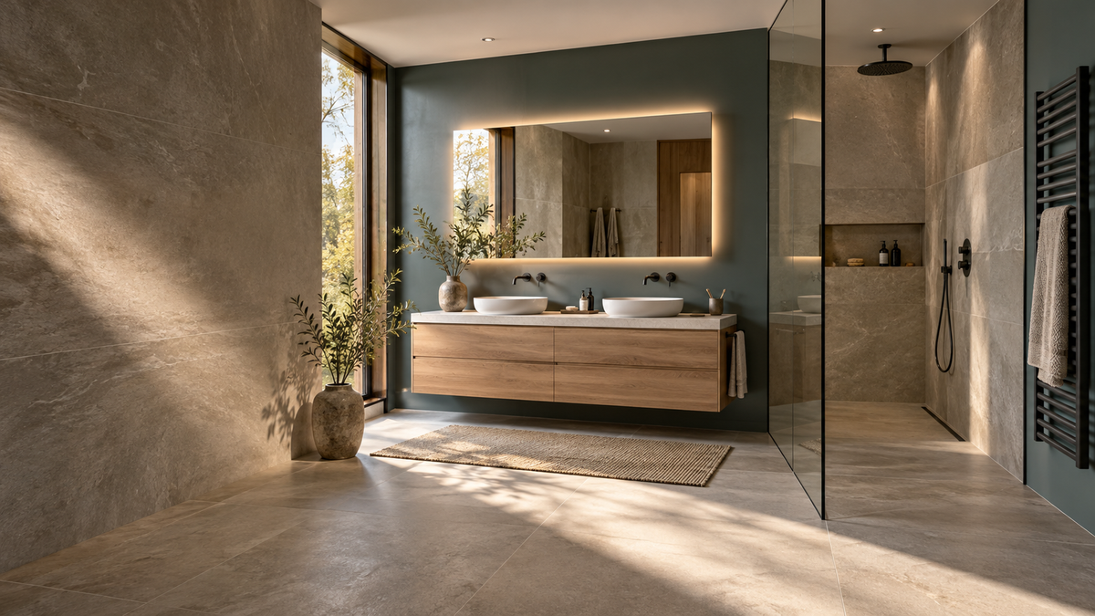 Wohninspiration: Badezimmer mit beleuchtetem Spiegel, schwebendem Holzwaschtisch, gläserner Walk-in-Dusche und Handtuchheizkörper.