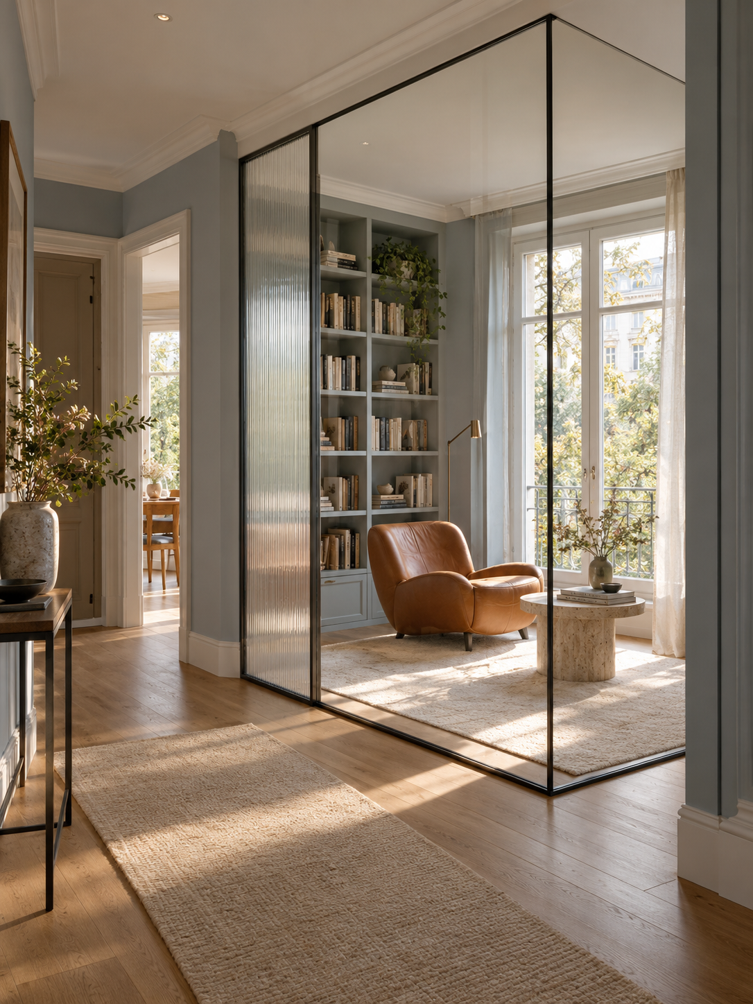 Wohninspiration: transparente und strukturierte Glasflächen als Raumteiler vor einer hellen Leseecke.