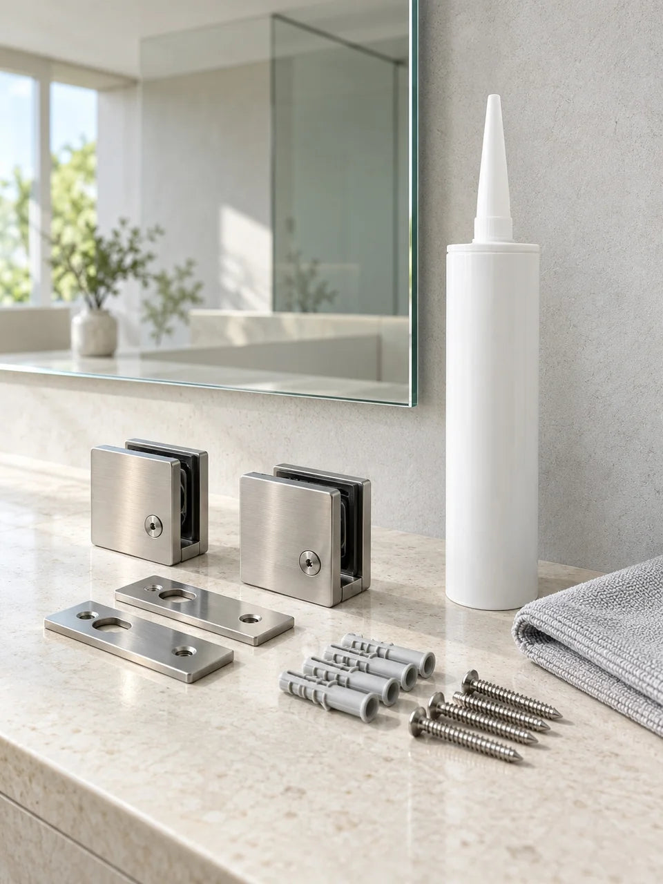 Montagezubehör für Spiegel und Glas mit Edelstahlbeschlägen, Befestigungsplatten, Dübeln, Schrauben und Kleber.