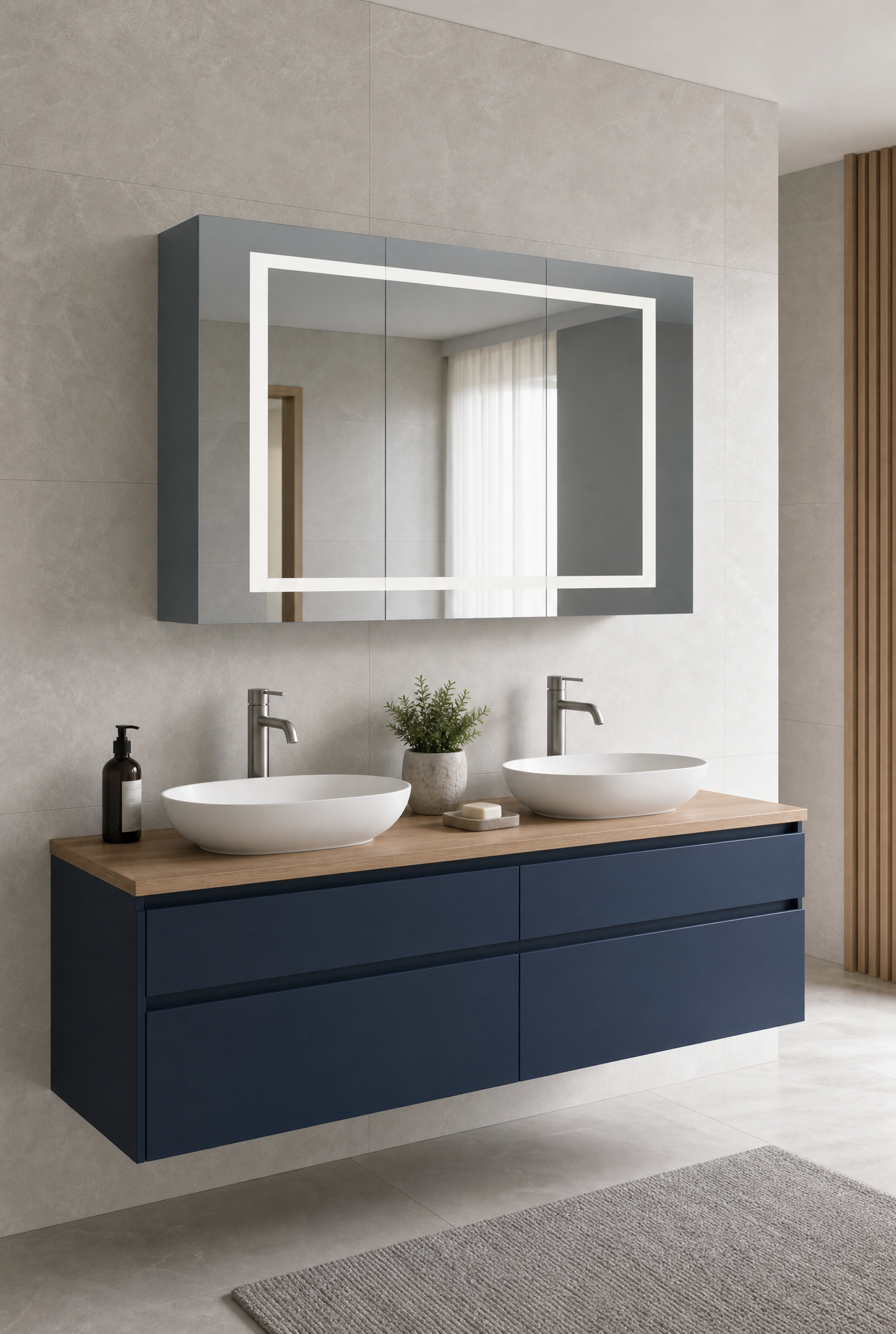 Modernes Badezimmer mit LED-Spiegelschrank über blauem Doppelwaschtisch