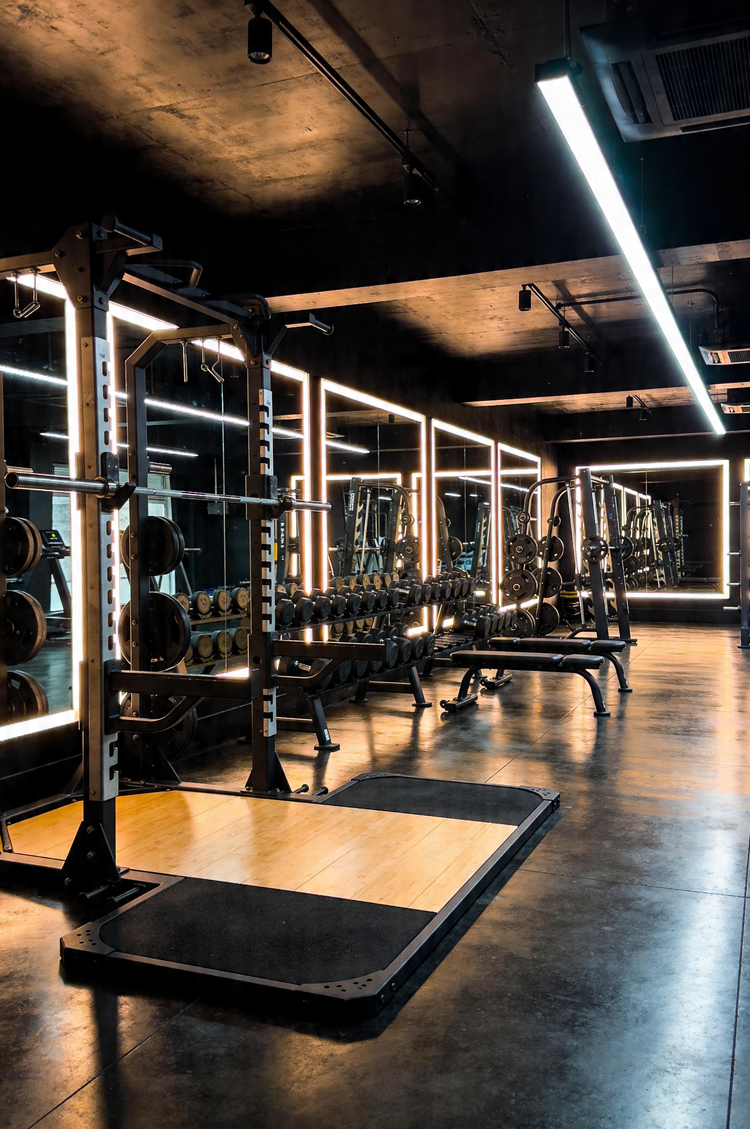 Modernes Fitnessstudio mit großer Spiegelwand, hellen LED-Rahmen, Squat Rack, Hantelbereich und professioneller Krafttraining-Ausstattung