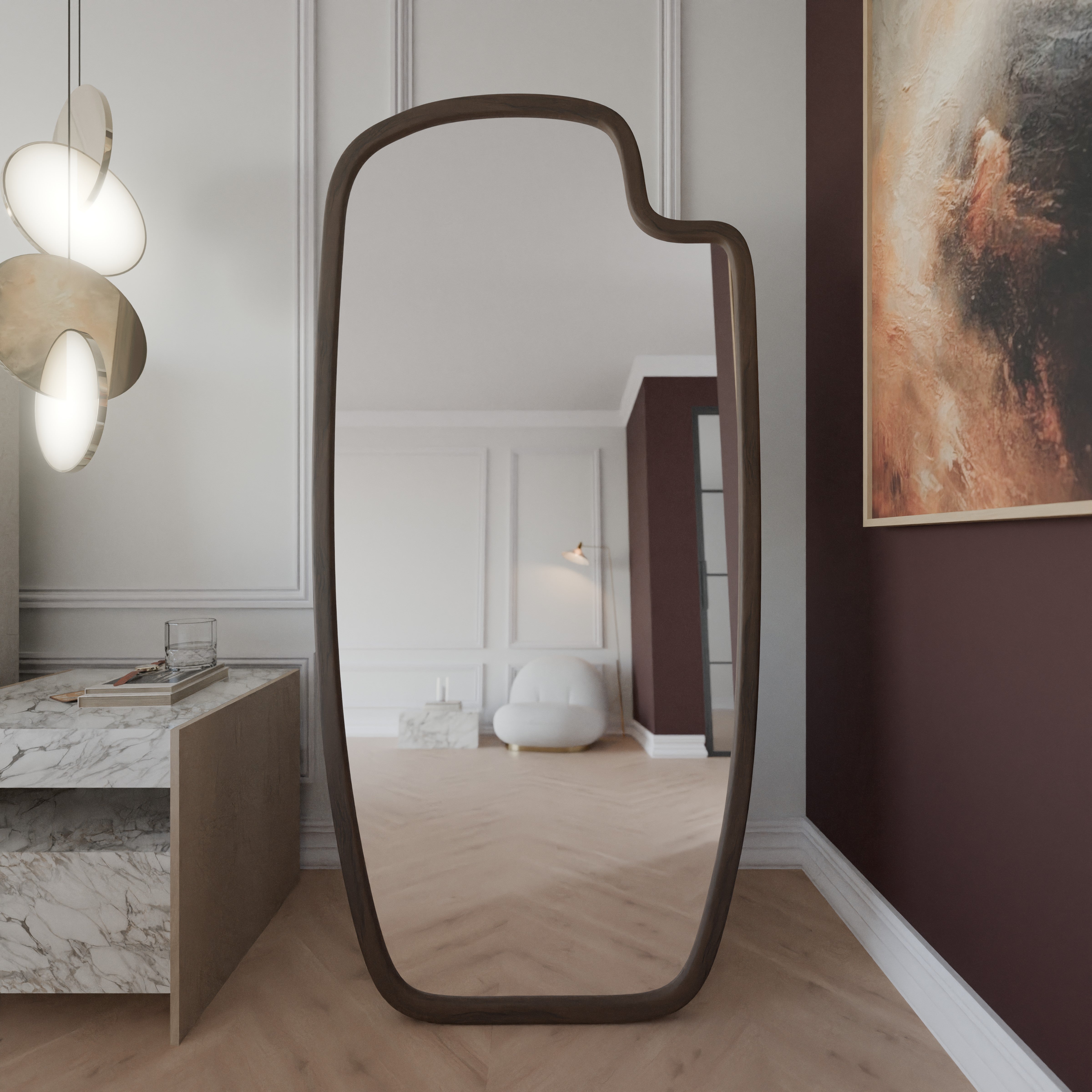 Standspiegel Miraja im Rundbogen-Design mit Holzrahmen, freistehend, ohne Beleuchtung.