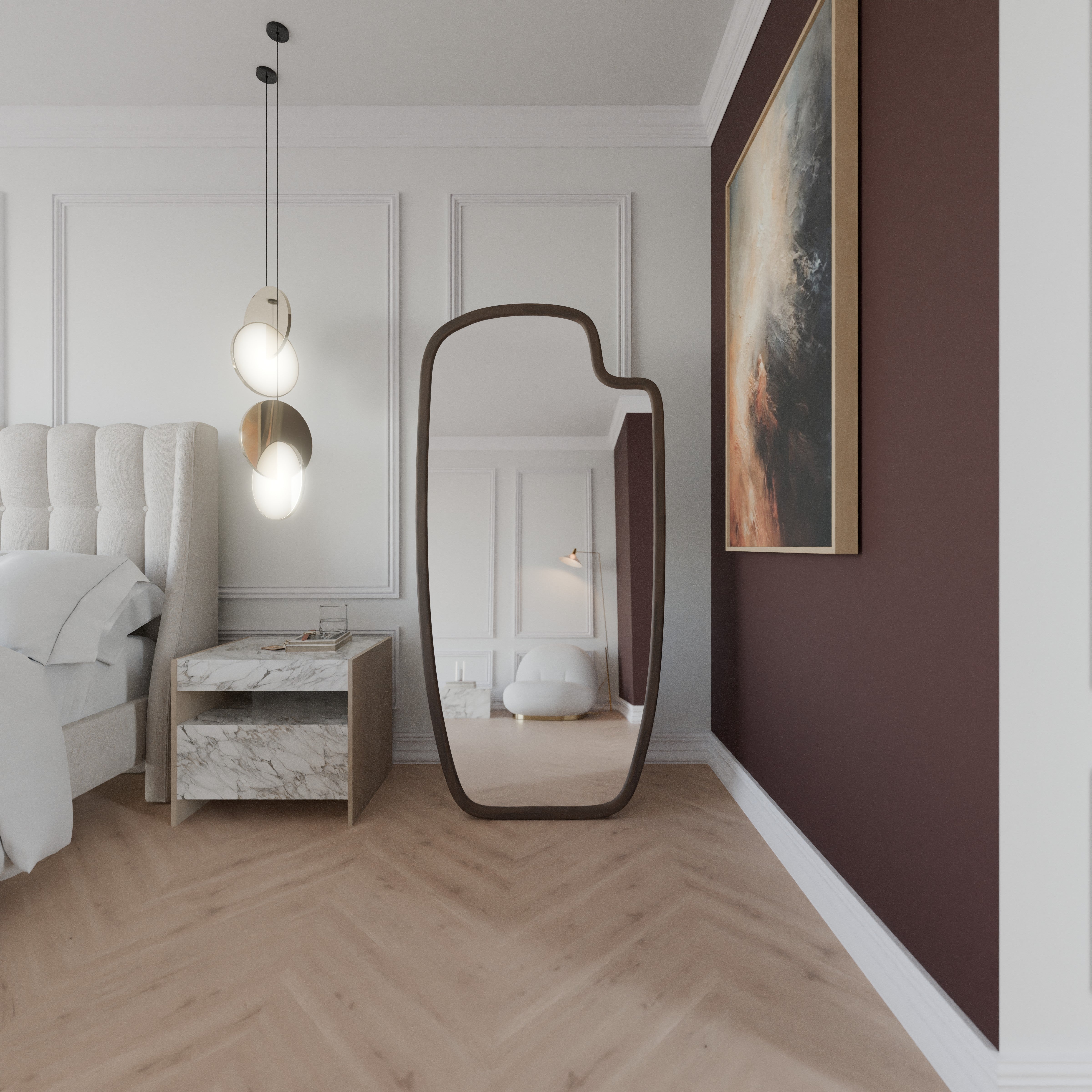 Standspiegel Miraja im Schlafzimmer, freistehender Rundbogen-Standspiegel mit Holzrahmen, ohne Beleuchtung.