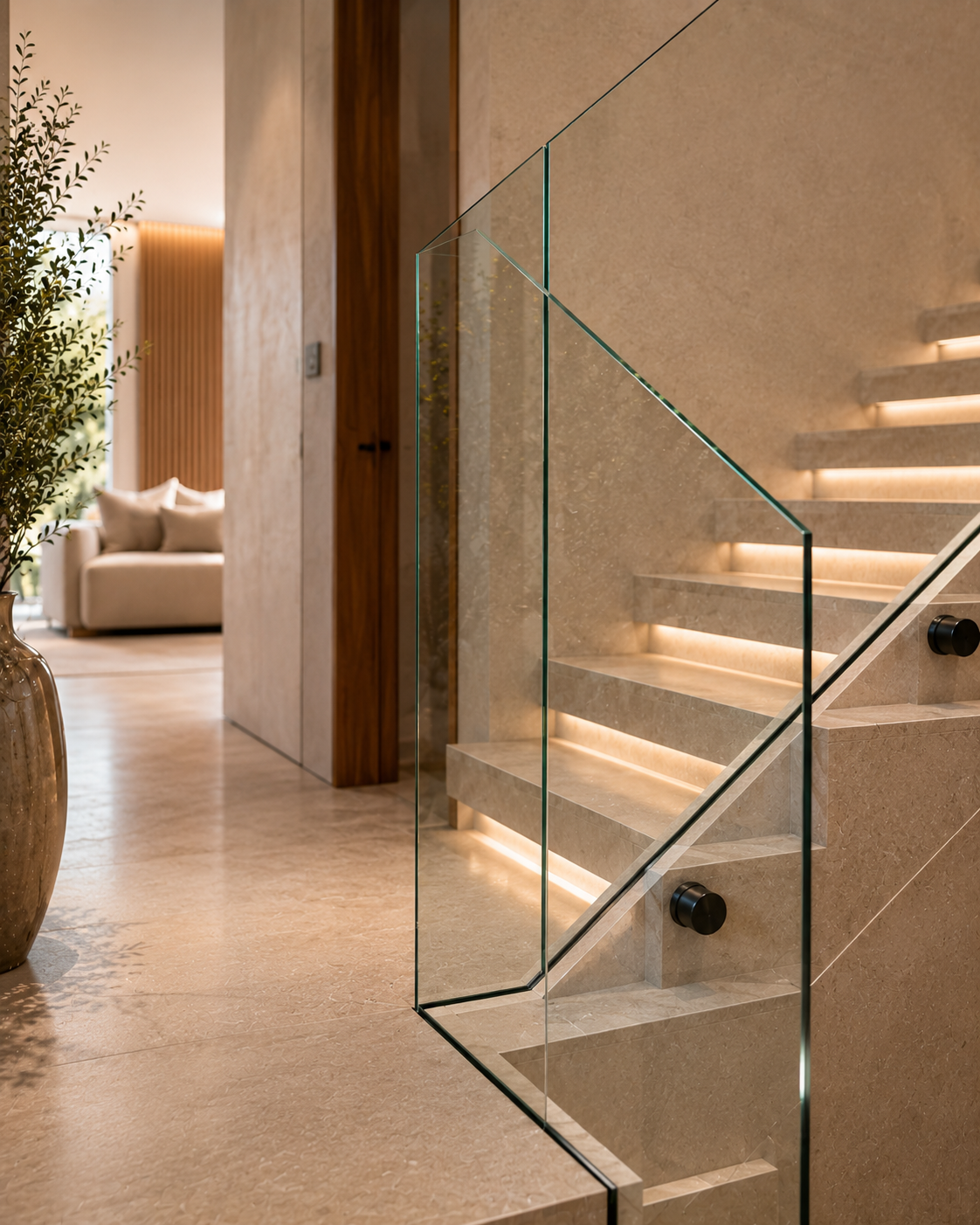 Moderne Treppe mit beigem Stein und VSG-Glasgeländer ohne Rahmen. LED-Beleuchtung unter den Stufen und schwarze Punktbefestigungen am Glas. Im Hintergrund Wohnbereich mit Sofa.