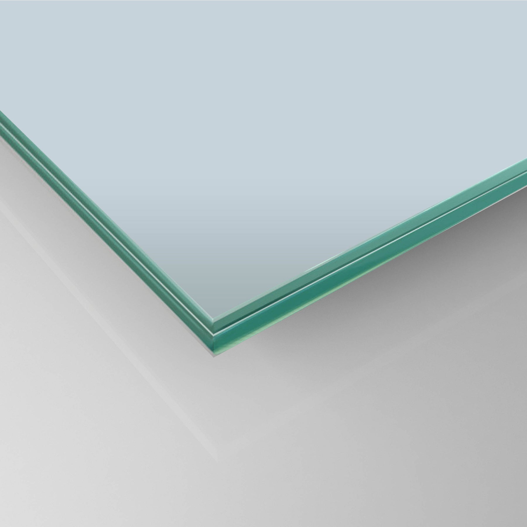 Glass panel with green beveled edge and V-shaped corner joint