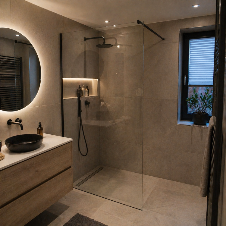 Rahmenlose Glas Duschwand für eine bodengleiche Walk-In Dusche in einem modernen Badezimmer