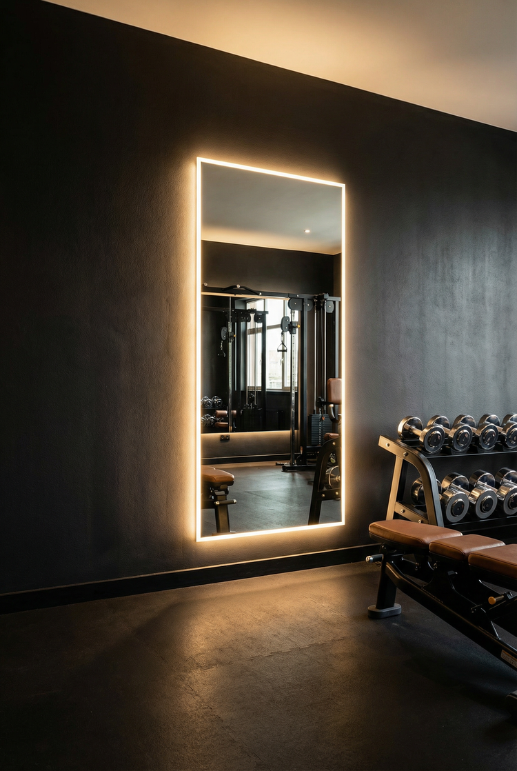 Großer vertikaler Wandspiegel mit warmer LED-Beleuchtung in einem modernen Fitnessstudio mit Hantelbank, Kurzhanteln und Krafttrainingsgeräten
