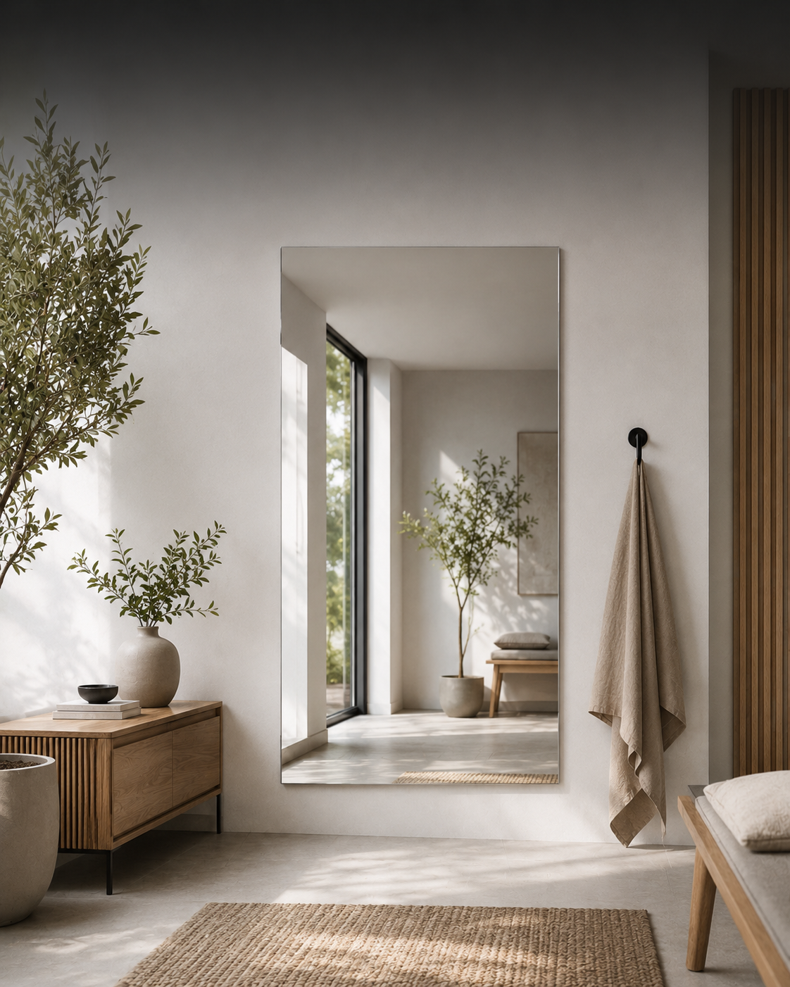 Moderner Wandspiegel in hellem Flur mit Naturholzkonsole, Pflanzen, beigem Handtuch und natürlichem Tageslicht.