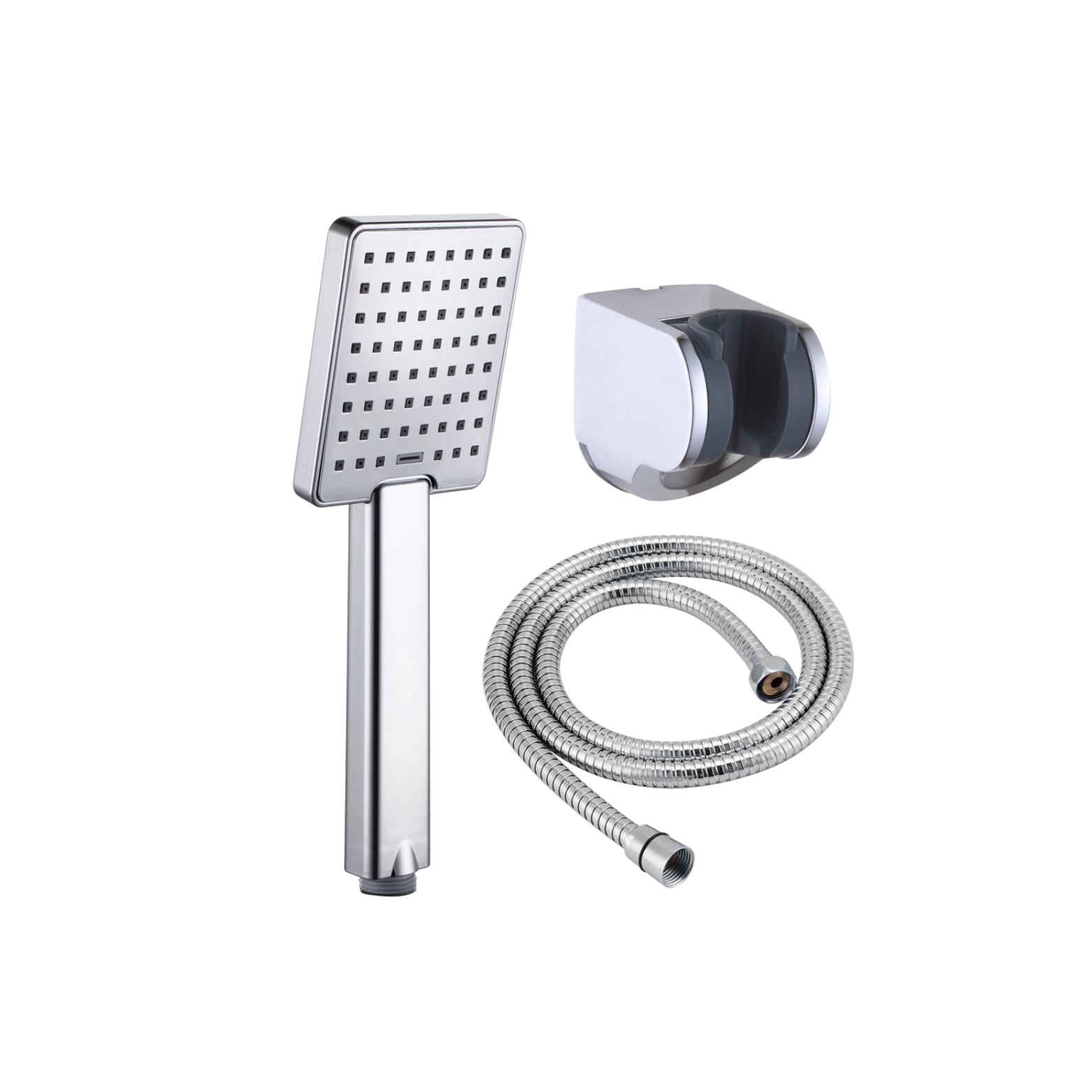 Duschzubehör-Set mit Handbrause, Wandhalterung und Brauseschlauch.